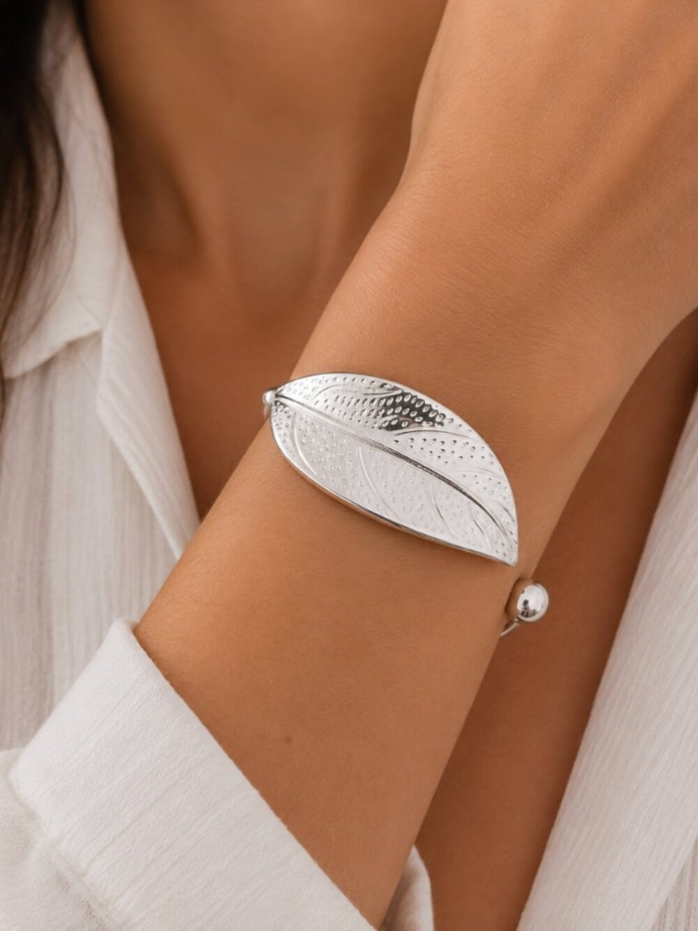 925 Sterling Silver Leaf Bracelet Adjustable Bangle Cuff Statement Bracelet
